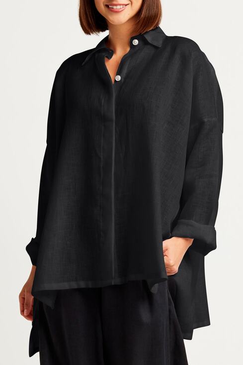 Planet By Lauren G Tops - Planet By Lauren G Handkerchief Linen Shirt Button Down Blouse Black One Size